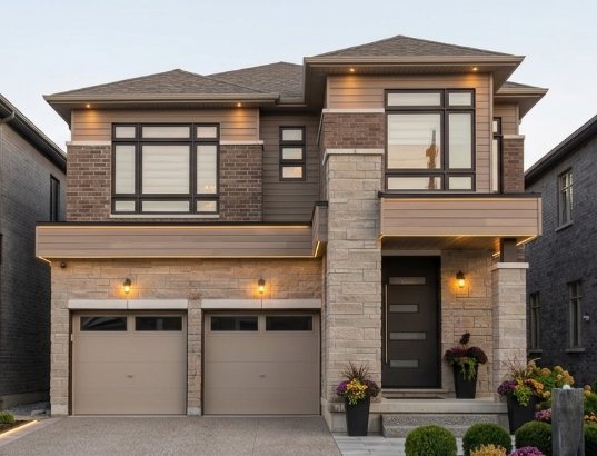 Home with two panel garage doors and a modern front door