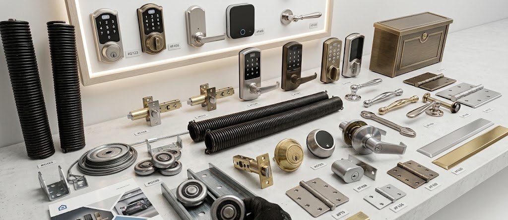 Garage door springs, rollers, hinges, handles and locks laid out on a counter