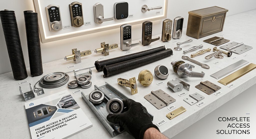 Garage door springs, rollers, hinges, handles and locks laid out on a counter