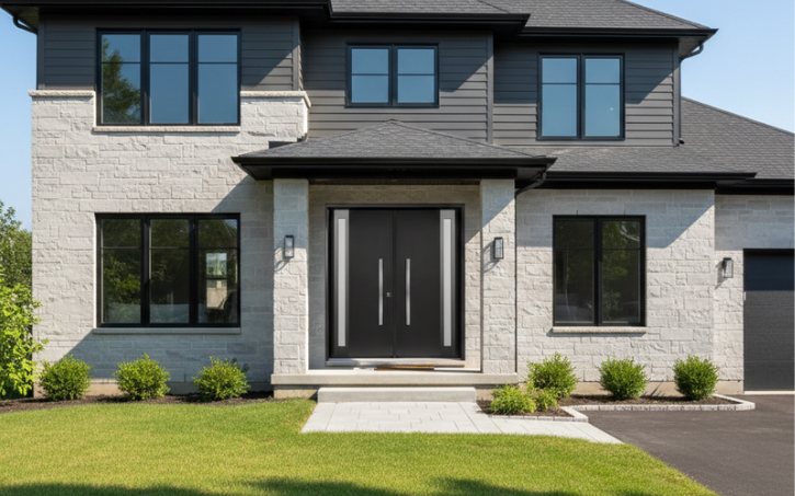 Black double front door with glass sidelights