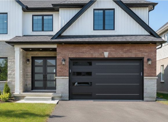 Black modern garage door with slim glass panels