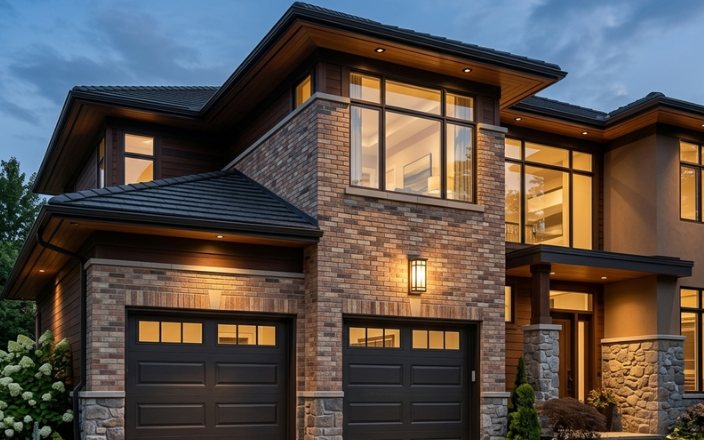 Two dark traditional panel garage doors with window rows