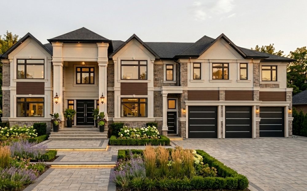 Three black garage doors with stainless inlay lines