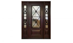 Single entry door with two panel glass sidelights(75% size Manchester wrought iron design)